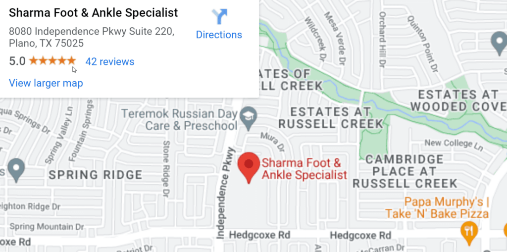 google maps of sharma foot & ankle's office location, showing independence parkway and cross roads of hedgcoxe road